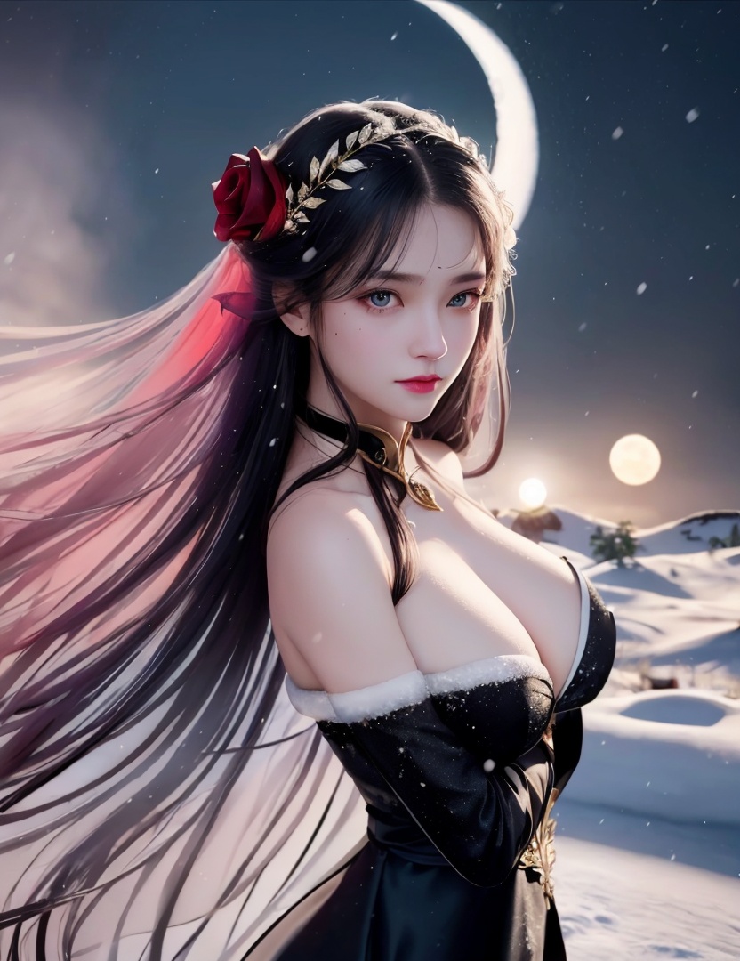 <lora:525-DA-斗破苍穹-萧薰儿-V2:0.8>(,1girl, ,best quality, ),looking at viewer,masterpiece, (( , )),, realistic,science fiction,mole, ultra realistic 8k cg, ,      ,outdoors, snow, snowing, snow on head, sun,sunset,sunlight,moonlight,full moon, red moon,  crescent moon,  crescent rose,  black rose,       (cleavage), (), age), (),