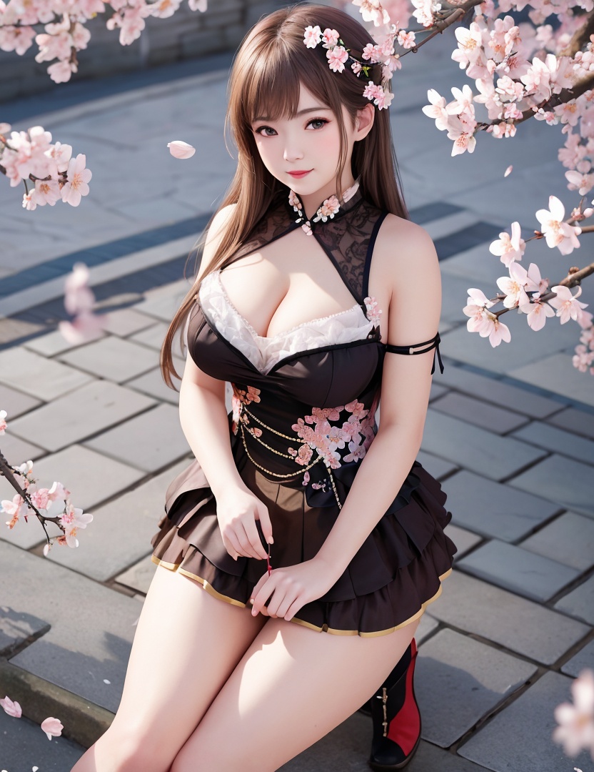realistic, masterpiece, (,1girl, pov,best quality, ) , (,1girl, solo, large breasts, looking at viewer, cherry blossoms, )  <lora:Amy202010Halloween:0.6>