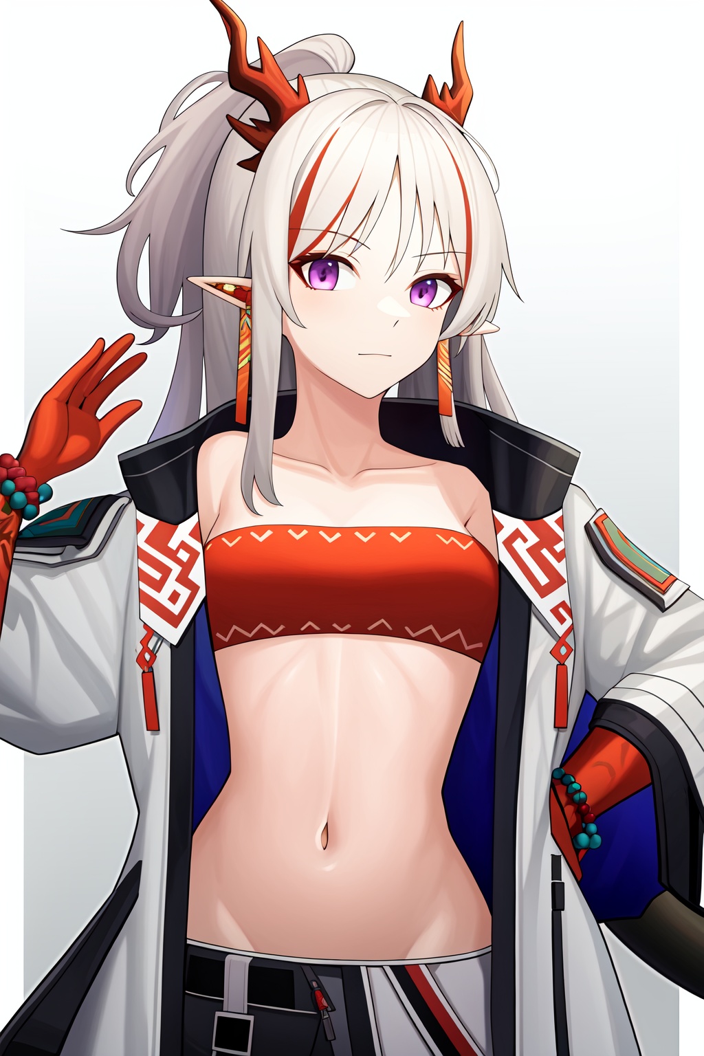 <lora:年-000010:1>,a girl named arknian,arknian,1girl,tube top,tail,strapless,jewelry,bandeau,open clothes,midriff,navel,red bandeau,bracelet,jacket,bead bracelet,crop top,stomach,, (masterpiece,best quality,high quality:1.4),absurdres,