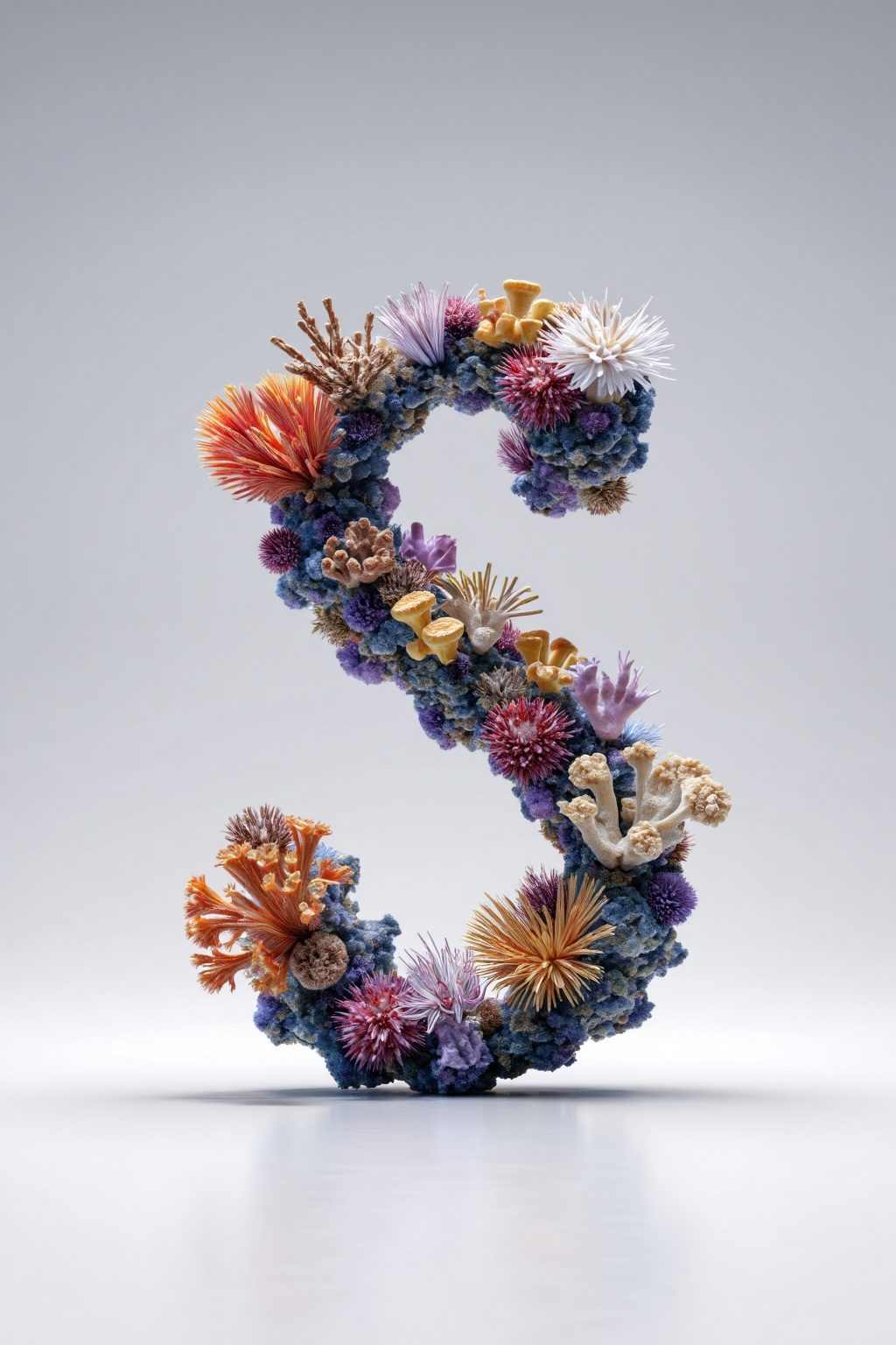 beijihui,3D icon design of letter 'S', **** of colorful coral reef structures with porous ridges and marine hues, hyperrealistic, hyperdetail, front view, studio lighting, 100mm lens, white solid background 