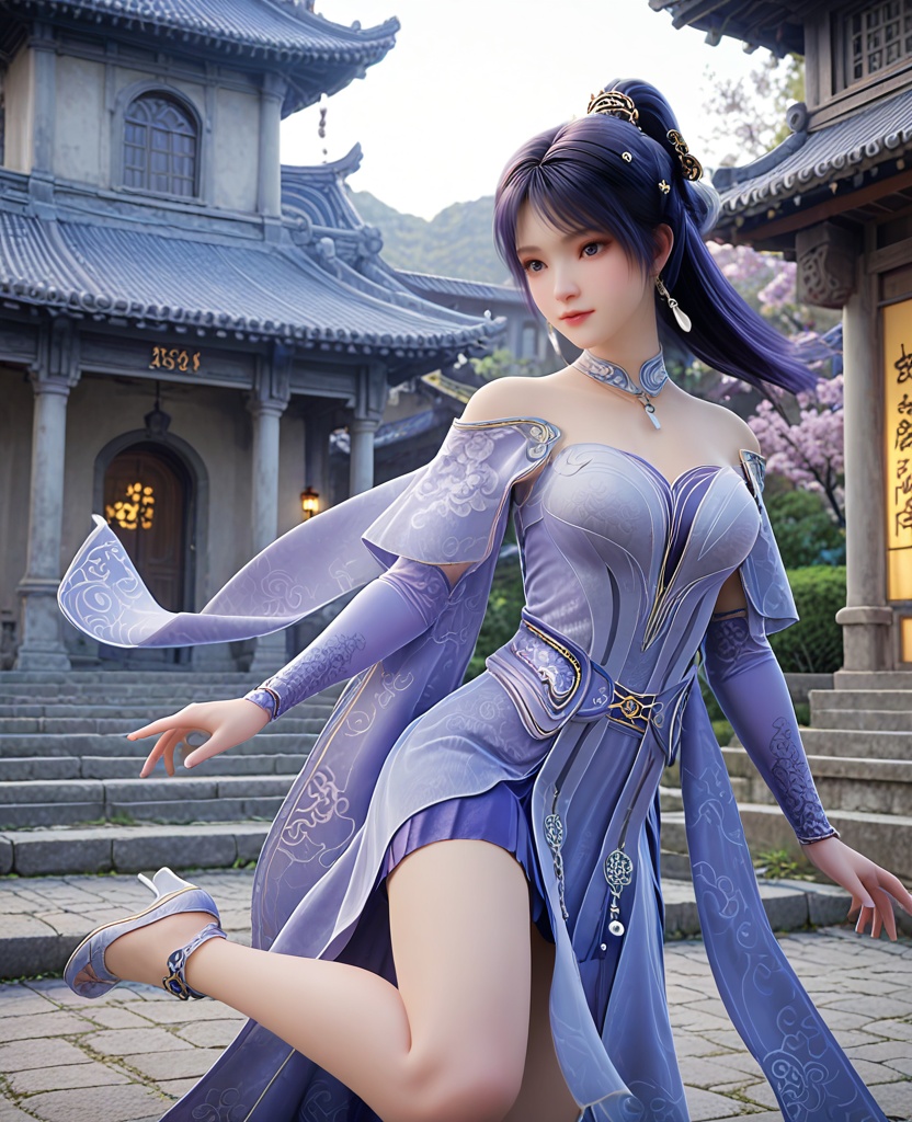 (oriental architecture, elegant decor, sophisticated style:1.1),(standing on one leg:1.1),(breasts:1.2),<lora:XL遮天姬紫月2:0.95>,miss jiziyue,blue dress,shawl sleeves,purple hair,jewelry,bare shoulders,elbow gloves,sash,blue eyes,hair ornament,tassels,ponytail,inner skirt,, score_9,score_8_up,score_7_up,score_6_up,score_5_up,score_4_up,3d rendering,tag1,tag2, Cinematic Lighting,backlighting,