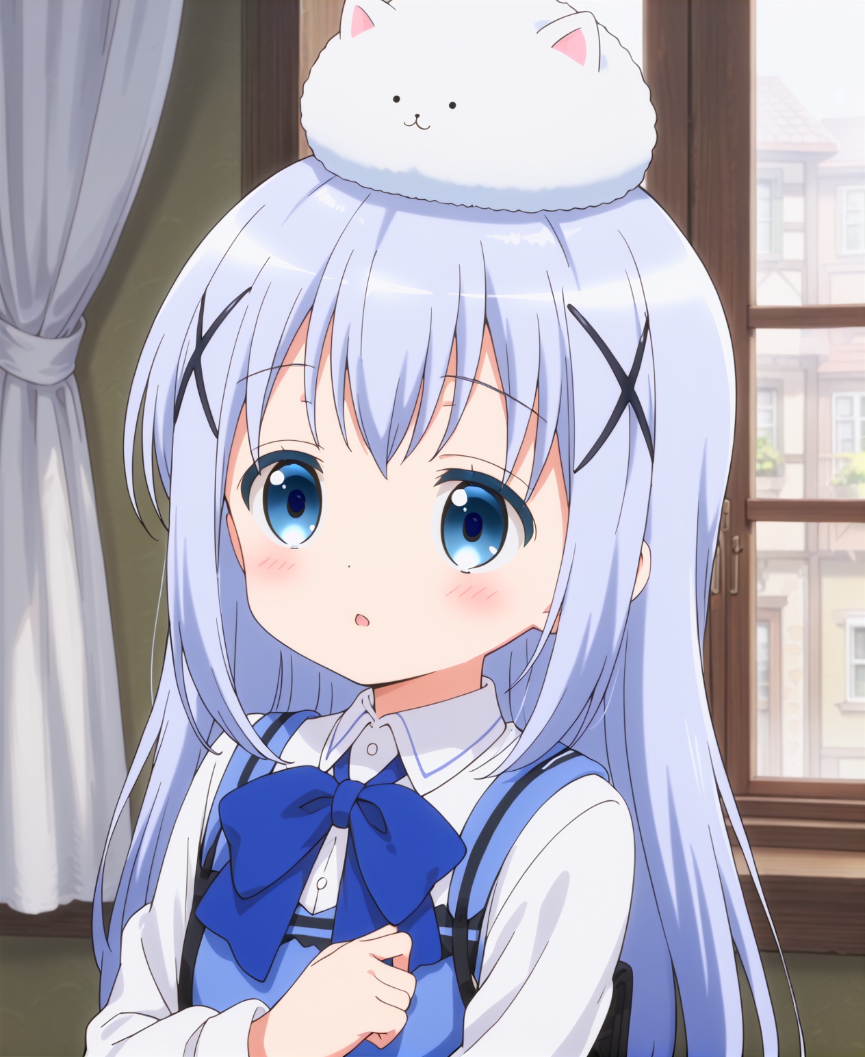 1girl,solo,long hair,blush,bangs,blue eyes,shirt,hair ornament,bow,blue hair,white shirt,upper body,parted lips,hairclip,collared shirt,indoors,bowtie,:o,vest,window,blue bow,x hair ornament,wing collar,curtains,on head,light blue hair,blue vest,animal on head,rabbit house uniform,rabbit on head,tippy \(gochiusa\),<lora:pony香风智乃2.0:0.8>,