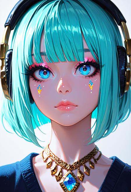 masterpiece, best quality, very aesthetic, high resolution, ultra-detailed, absurdres, newest, extremely detailed eyes, realistic, vibrant colours, masterpiece,best quality, 1girl, solo, looking at viewer, short hair, bangs, blue eyes, jewelry, closed mouth, blue hair, blunt bangs, necklace, lips, eyelashes, aqua hair, makeup, headphones, facial mark, bob cut, gem, portrait, eyeshadow, nose, eyeliner, mascara