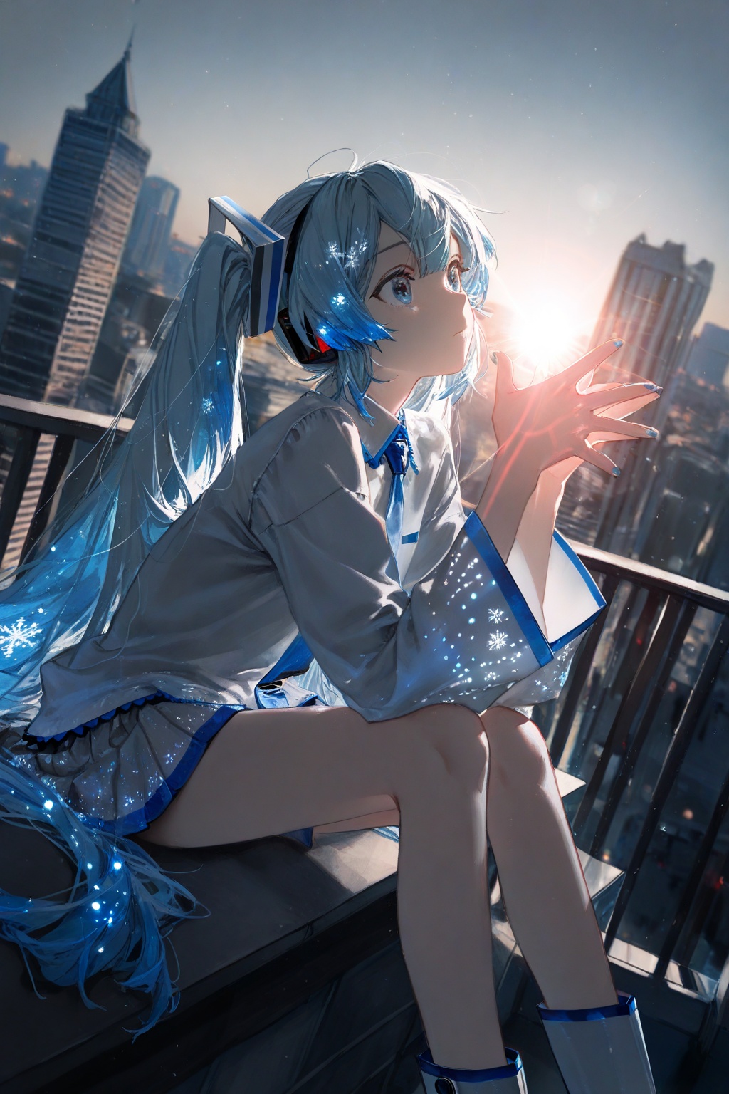 masterpiece,best quality,amazing quality,very aesthetic,absurdres,newest,in the style of fashion photography,light particles,cinematic lighting,Visual impact,sharp focus,Emotionalization,impactful picture,lens flare,depth of field,dynamic pose,dutch angle,extreme aesthetic,(dino_(dinoartforame):0.5),(yoneyama mai:0.5),(Yomu:0.3),(quasarcake:0.4),(wlop:0.3),1girl,yuki miku,vocaloid,tall building,roof,spectacular city,sitting on the edge of a tall building,put your hands on your knees,
