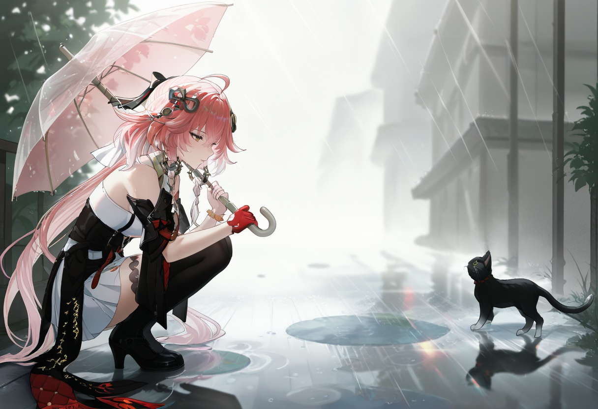1girl,umbrella,cat,transparent,squatting,black cat,transparent umbrella,holding,rain,outdoors,holding umbrella,from side,reflection,puddle,profile,animal,solo,night,<lora:长离长离:1>,changli,1 woman,yujie,long hair,bangs,hair ornament,thighhighs,gloves,dress,hair between eyes,yellow eyes,pink hair,ahoge,red hair,black thighhighs,white dress,gauntlets,red gloves,single glove,single gauntlet,