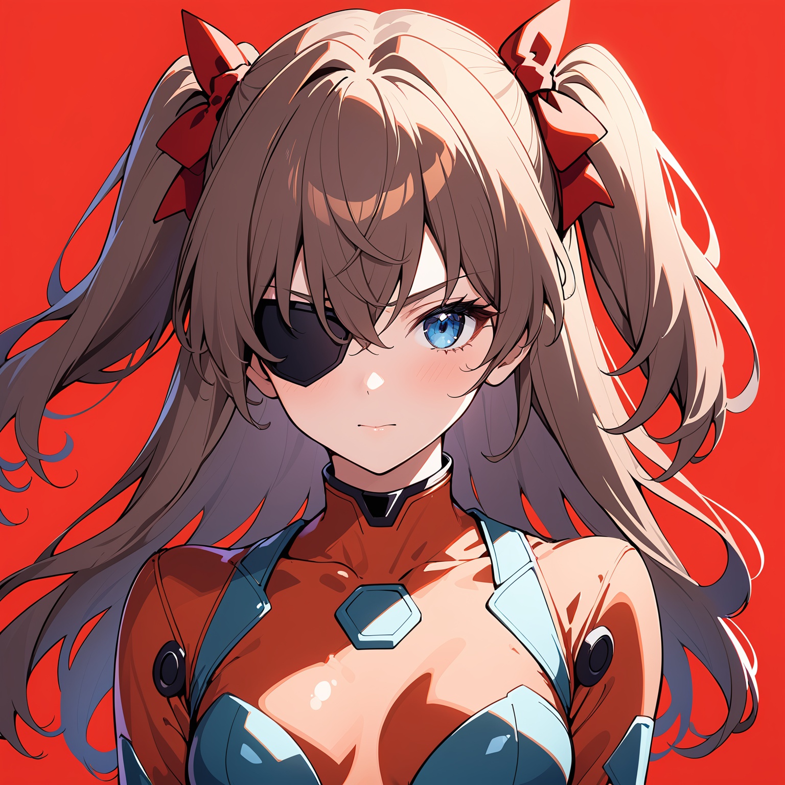 1girl,solo,souryuu asuka langley,eyepatch,red background,blue eyes,plugsuit,long hair,jacket,looking at viewer,breasts,upper body,red bodysuit,bodysuit,simple background,brown hair,open clothes,two side up,bangs,open jacket,closed mouth,interface headset,long sleeves,hair between eyes,brown jacket,red jacket,medium breasts,