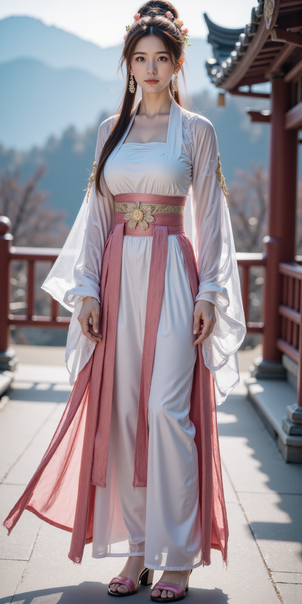<lora:20250110_AgainCharacters_Flux:1>, 1girl, solo, earrings, jewelry, realistic, looking at viewer, long hair, brown hair, blurry background, hair ornament, flower, blurry, hair flower, hair bun, full body, closed mouth, white and pink chinese clothes, skirt, calf, pink footwear, shoes,