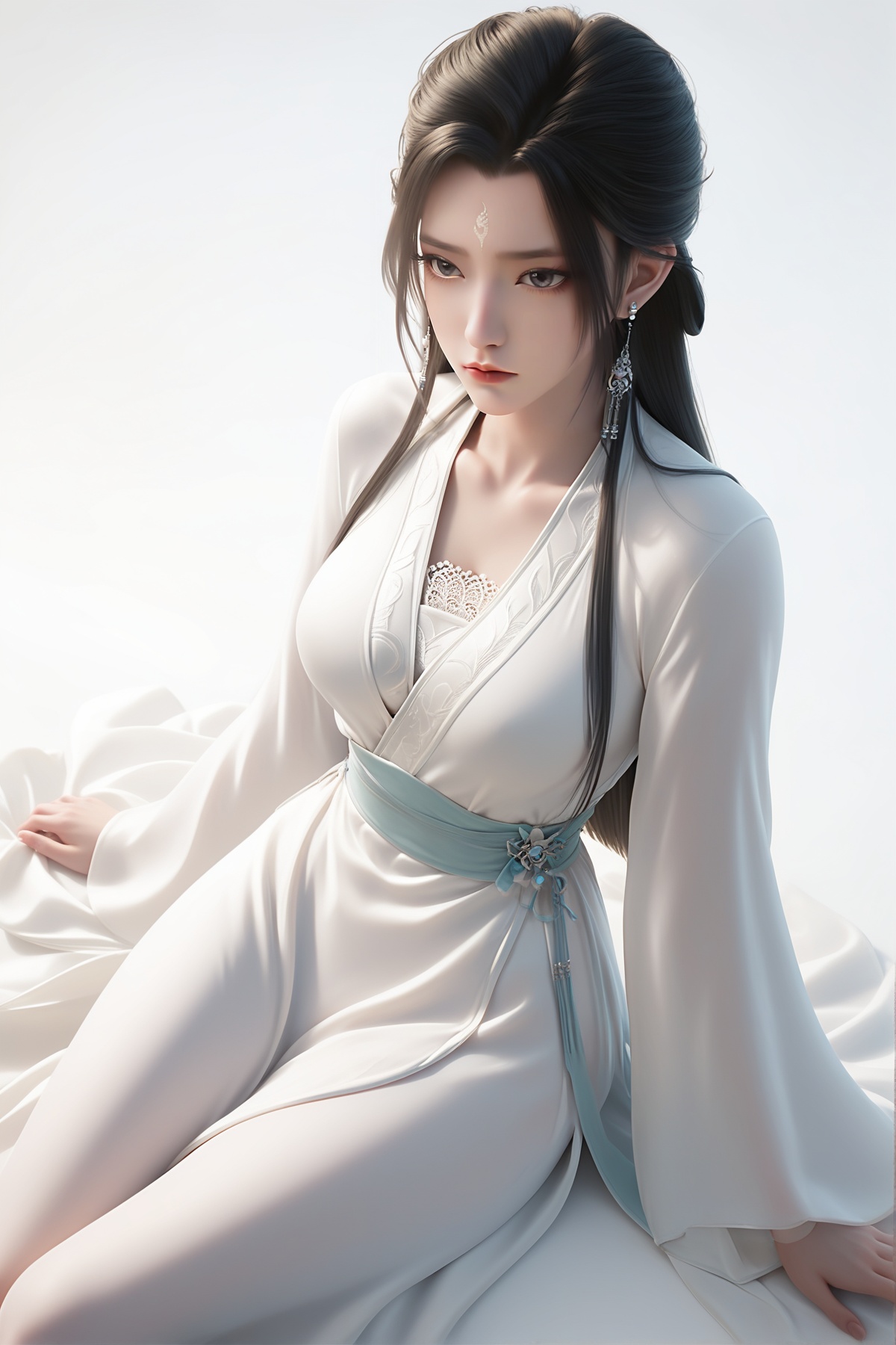 score_9,score_8_up,score_7_up,<lora:wy_luxueqi_sy_XLdz:0.8>,1girl,long hair,breast,medium breast,earrings,hair_ornament,dress,black hair,eyes,forehead mark,white_dress,thick_thighs,sitting,simple background,white_background,chinese_clothes,long_sleeves,from_above,