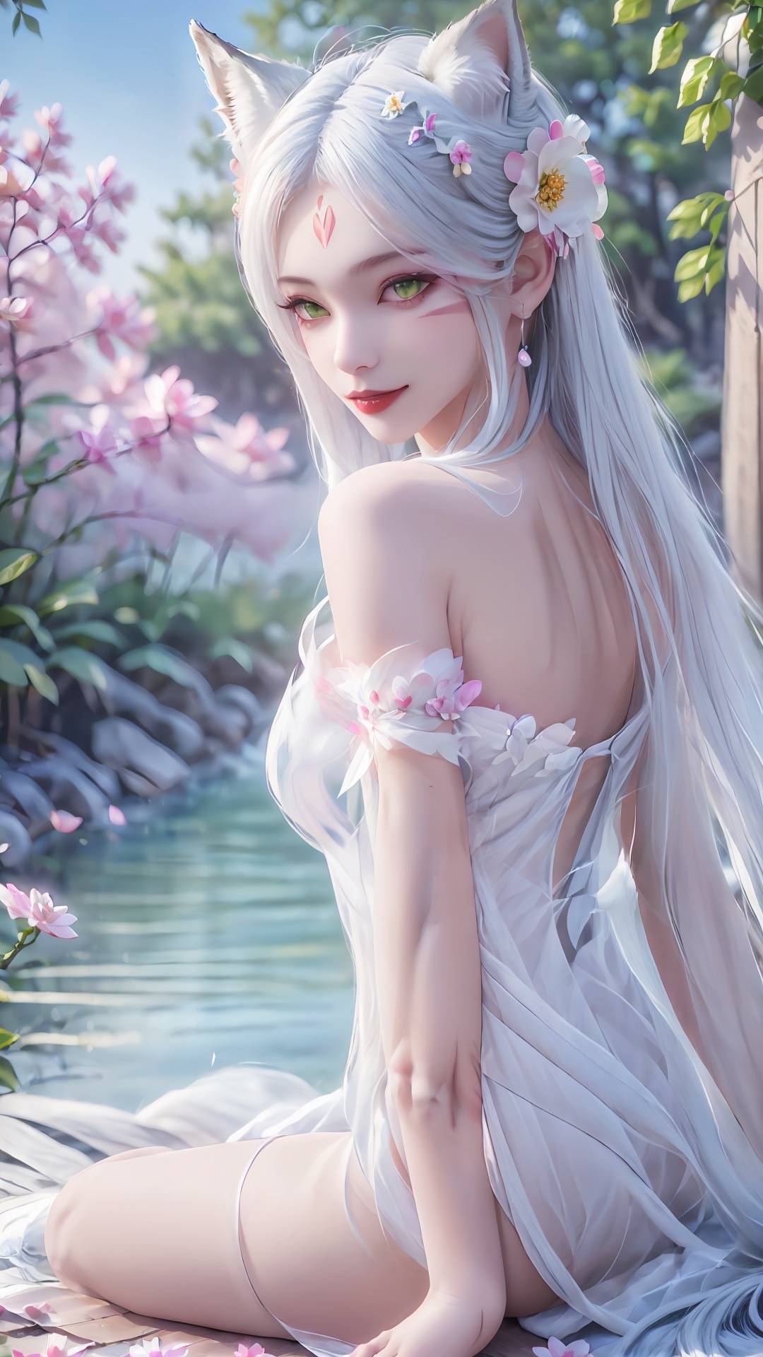 1girl,animal ears,solo,green eyes,breasts,long hair,dress,facial mark,white hair,flower,blurry background,hair ornament,looking at viewer,white dress,hair flower,blurry,tail,animal ear fluff,jewelry,fox ears,bracelet,lips,pink flower,smile,from side,bare shoulders,wolf ears,closed mouth,forehead mark,<lora:girl xiaobai_20240912002955:0.8>,