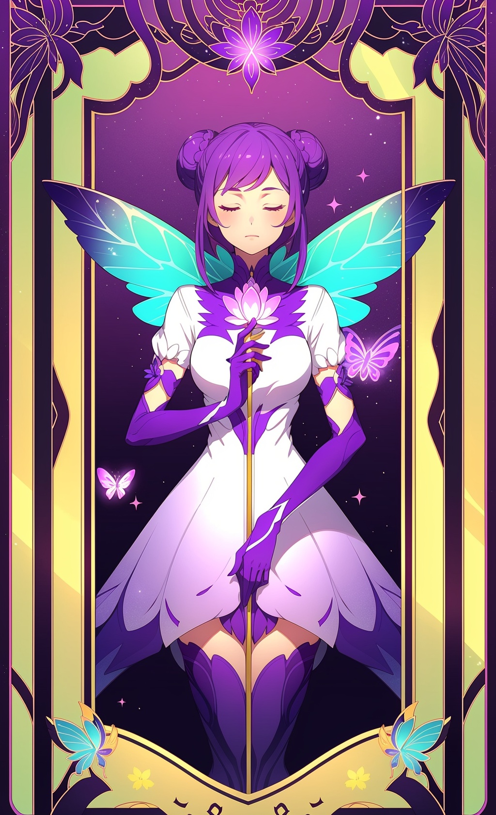 card,shoucang,1girl,purple hair,solo,elbow gloves,double bun,hair bun,gloves,dress,bug,holding,purple gloves,closed eyes,wings,flower,butterfly,<lora:card2:0.6>,masterpiece,high quality,