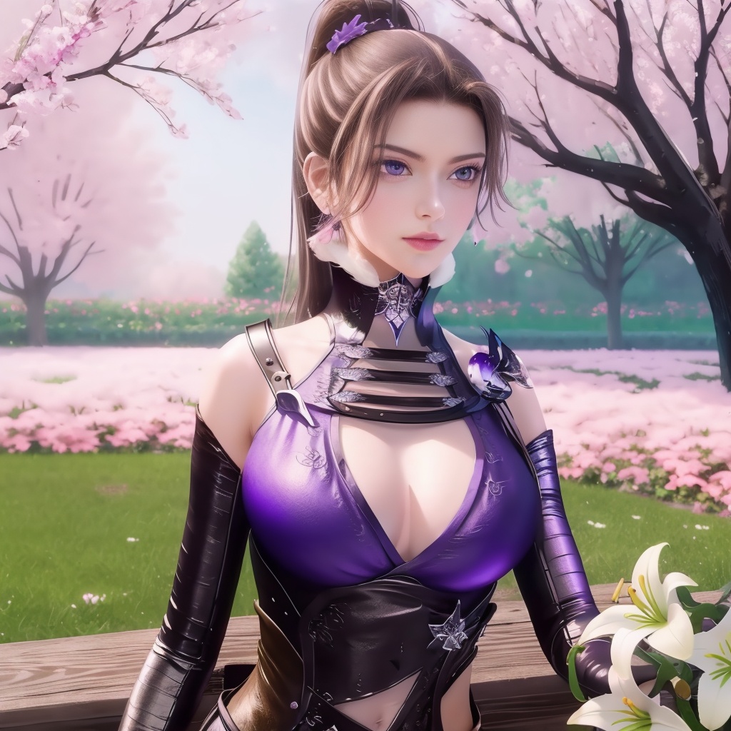 <lora:万界至尊-李雪衣-皮衣:0.8>, (,1girl, ,best quality, ),looking at viewer,  ,ultra detailed 8k cg,ultra realistic 8k cg,1girl, solo,(bare shoulders:0.85),(masterpiece, best quality),((oil painting style)),sexy young lady,(beautiful face and eyes),(upper body:1.5),(whole body:1.05),(single person:1.2),surrounded by flowers, (lily), roses, floret, vegetation, white, purple, purplish pink,Impressionism,colorful,(Breast size:1.3),(cleavage),, butterfly,(sit),