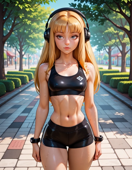 cartoon, perfect quality, high quality, masterpiece, absolutely eye-catching, absurdres, newest, detailed eyes, realistic eyes, (beautiful and aesthetic), very awa, newest, cinematic, a girl named Katherine, long hair, ginger hair, small breasts, grey eyes, light makeup, supermodel body, sports bra, black short shorts, spandex short shorts, bracelet, headphones, sweat, sidewalk, trees