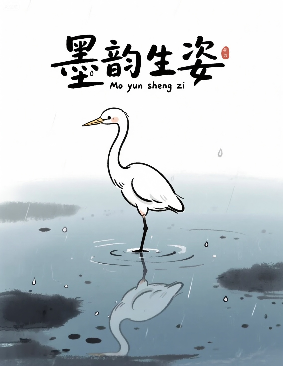 kawaii,illustration,, 白鹭单足立于水墨色池塘，长颈弯曲映出倒影，雨滴打破水面如写意墨点,纤细优雅的钢笔体文字大标题：墨韵生姿,拼音副标题：Mo yun sheng zi, Negative prompt: ng_deepnegative_v1_75t,(badhandv4:1.2),EasyNegative,(worst quality:2),,nsfw, Steps: 30, Sampler: Euler, CFG scale: 4.0, Seed: 146861556, Size: 1140x1472, Model hash: 98763a1277, Model: Qwen-Image_1.0.safetensors, Denoising strength: 0, RNG: CPU, Lora 1: 7修狗, Lora Hash 1: dd492c5dda, Lora Weight 1: 1.0, vae_name: automatic