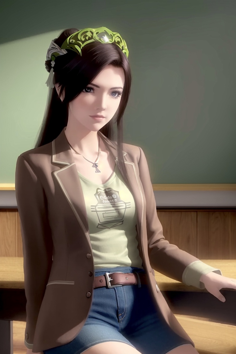 ((HRD, HUD, 8K)),((masterpiece, best quality)), highly detailed, soft light,1girl, solo, long hair, hair ornament, black hair, brown hair, brown eyes, lips,(t-shirt:1.2), (blazer:1.2), denim shorts,blurry background, classroom, chalkboard, sitting, cowboy shot, looking at viewer, <lora:20240506-1714960445475:0.7>