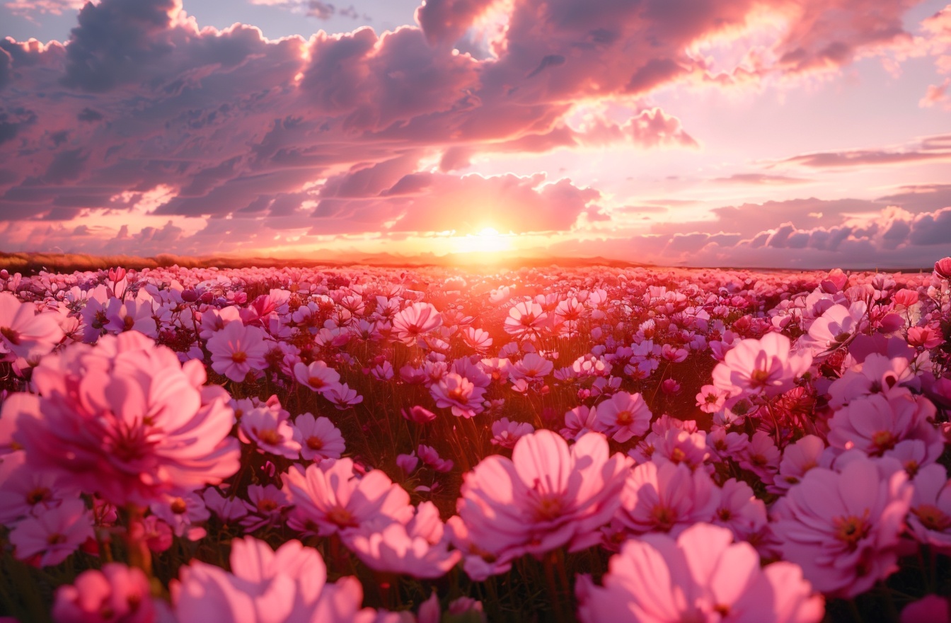 Flower sea,masterpiece,charming visual effects,dreamy world,depth of field,still life,Realistic,flower,outdoors,sky,cloud,no humans,ocean,sunlight,cloudy sky,scenery,sunset,sun,horizon,field,flower field,