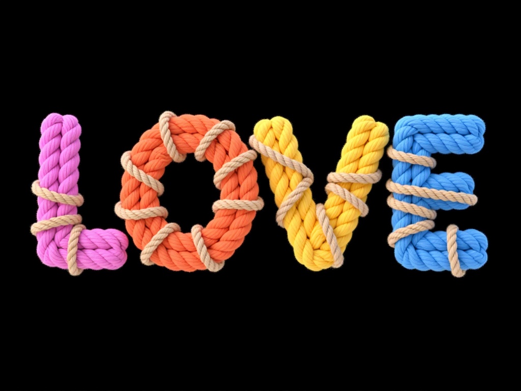 IPBD,This is a digital CGI image featuring the word "LOVE" spelled out in vibrant, colorful, knotted ropes. The letters are crafted from pink, orange, yellow, blue, and purple ropes, each meticulously coiled and tied together with beige rope. The background is solid black, making the colorful ropes stand out vividly. The style is playful and modern, with a clean, polished finish. 