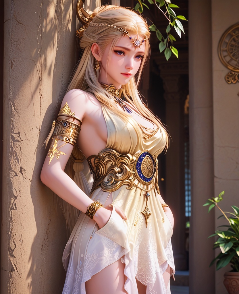 (oriental architecture, elegant decor, sophisticated style:1.1),(Leaning against a wall or tree, hands in pockets, with a casual and carefree expression,:1.1),pout,(breasts:1.2),<lora:XL16永劫无间席拉:0.95>,miss xila,light yellow high-low dress,blue eyes,circlet,blonde hair,braid,long hair,sash,jewelry,armlet,golden tattoo of holy seal,, score_9,score_8_up,score_7_up,score_6_up,score_5_up,score_4_up,3d rendering,tag1,tag2, Cinematic Lighting,backlighting,