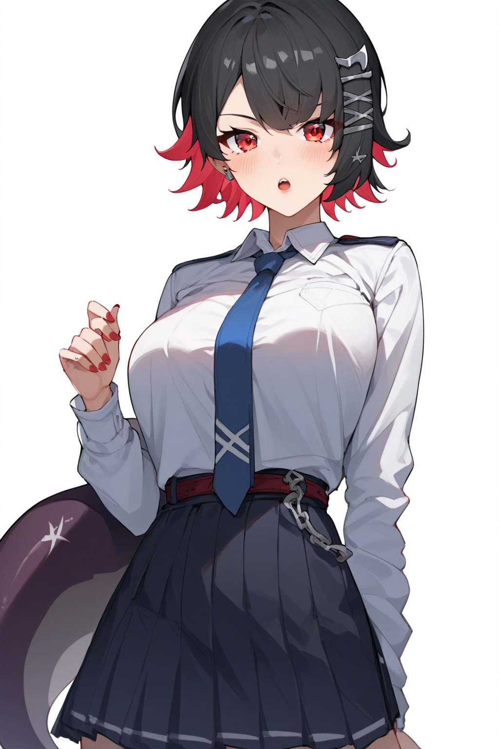 score_9,score_8_up,score_7_up,score_6_up,score_5_up,score_4_up,source_anime,source_cartoon,<lora:ellen joePXL-000001:0.8>,ellen joe \(Zenless Zone Zero\),1girl,solo,two-tone hair,red eyes,shark tail,white background,colored inner hair,blue necktie,hair ornament,blush,shirt,simple background,long sleeves,skirt,white shirt,looking at viewer,short hair,necktie,school uniform,breasts,hairclip,open mouth,pleated skirt,sailor collar,collared shirt,red nails,