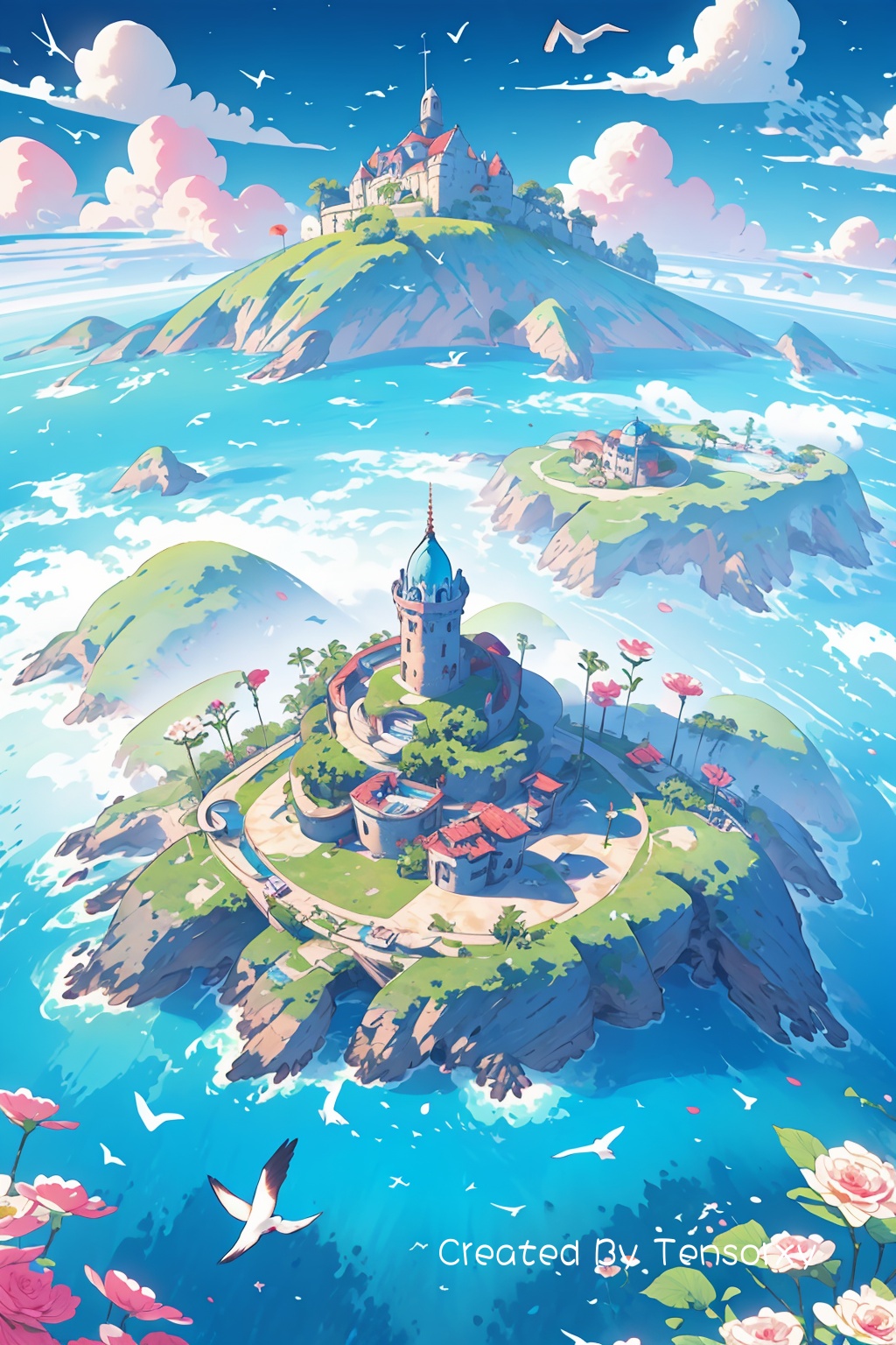 flower, outdoors, sky, day, cloud, water, tree, blue_sky, no_humans, bird, ocean, building, scenery, mountain, fantasy, horizon, river, castle, landscape, cliff, island