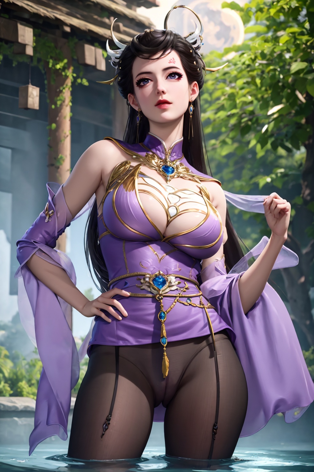 standing,flower,full_moon,moon,night,lily_pad,lotus,moonlight,nipples,water,night_sky,lily_\(flower\),sky,partially_submerged,1girl,solo,hair ornament,long hair,realistic,nail polish,photo_\(medium\),(big breasts, cleavage),makeup,(8k, RAW photo, best quality, masterpiece:1.2),(realistic, photorealistic:1.3),ultra-detailed,extremely detailed cg 8k wallpaper,(crystalstexture skin:1.2),extremely delicate and beautiful,(sexy pose:1.2),wearing edgHL,see-through,thighhighs,sexy lingerie,(big breasts:1.2),silk,thin transparent silk,torn pantyhose,