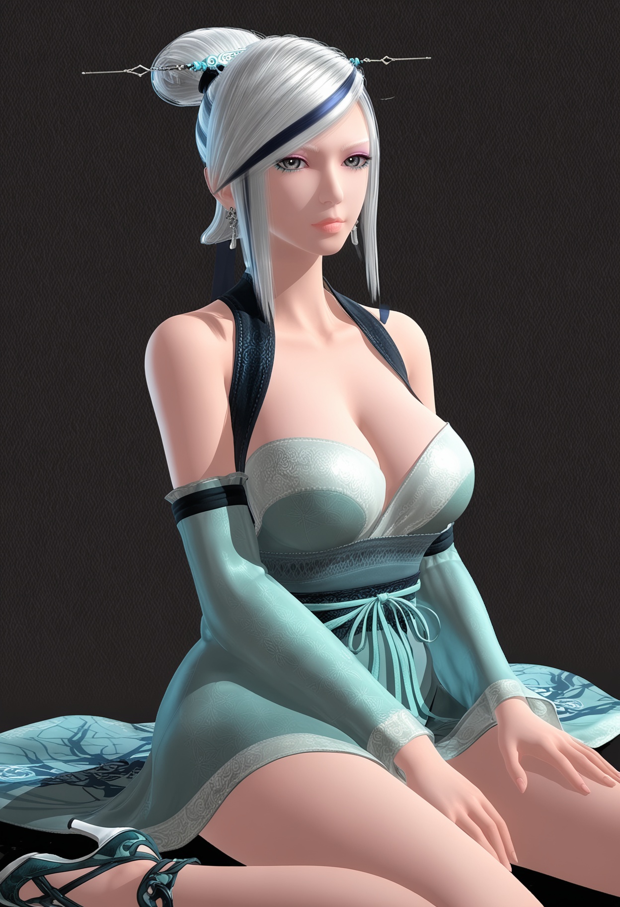 score_9,looking_at_viewer,large breasts,xiaomeng,1girl,solo,white hair,hair ornament,bare shoulders,grey eyes,lips,single hair bun,dress,earrings,cleavage,jewelry,detached sleeves,streaked hair,hair stick,makeup,wide sleeves,high heels,sitting,(simple background,pure black background,black background:1.1),perfect_anatomy,<lora:QQSponyxiaomengV1:0.8>,