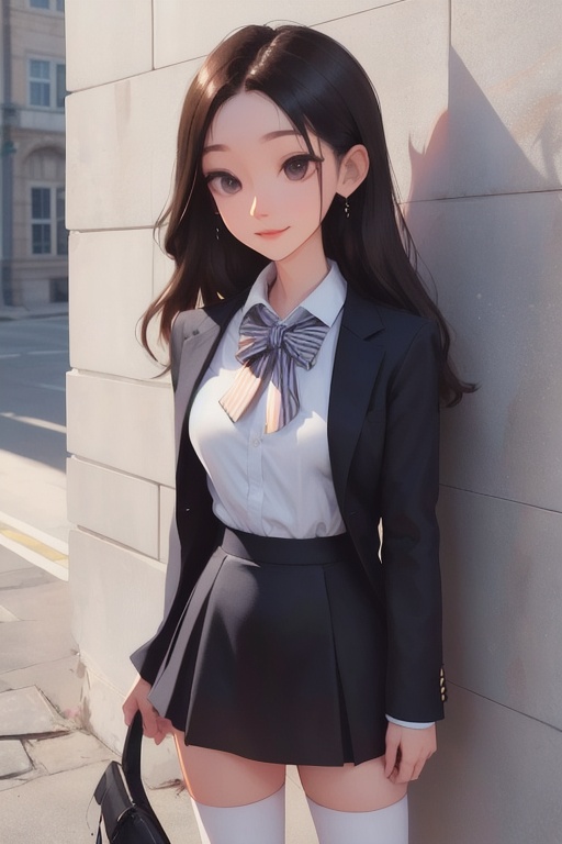 1girl,(best quality, highres:1.1),(realistic:1.4),(cowboy shot:1.3),detailed,clear sharp focus,highly detailed,(masterpiece, sidelighting, finely detailed beautiful eyes:1.2),hdr,professional lighting,amazing shadows,(school uniform:1.2),(school:1.1),checkered_skirt,blouse,ascot,black_skirt,socks_over_thighhighs,pantyhose,outdoors,shade,very long hair,wind,(smile:0.8),looking at viewer,hair_ornament,black dress,jkbb,nikon af-s 105mm f/1.4e ed,side_ahoge,side view,relying on something,rely on,wall,against_wall,standing against the wall,,backlight,lens_flare,backed against the wall,<lora:CH1:0.8>,