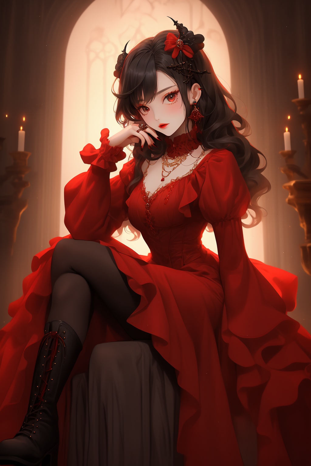 ShenMi, 1girl, black hair, jewelry, solo, dress, sitting, ring, earrings, pantyhose, looking at viewer, boots, black pantyhose, red dress, long hair, long sleeves, red nails, nail polish, hair ornament, closed mouth, puffy sleeves, indoors, gothic style<lora:ShenMi7:0.8>