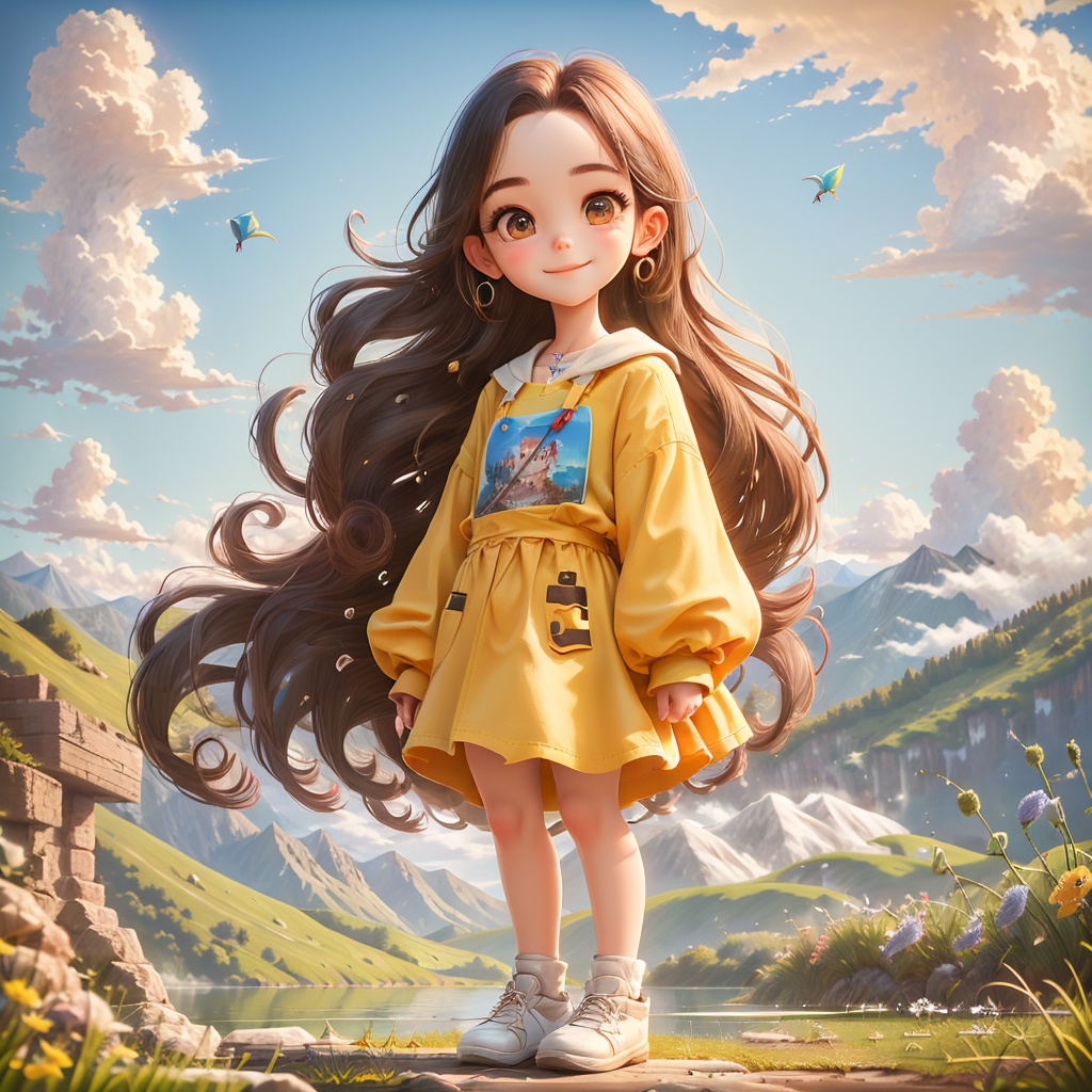 1girl,yapi,smile,long hair,earrings,countryside,Mill,lake,kite,in a meadow,mountains,blue sky,white clouds,
