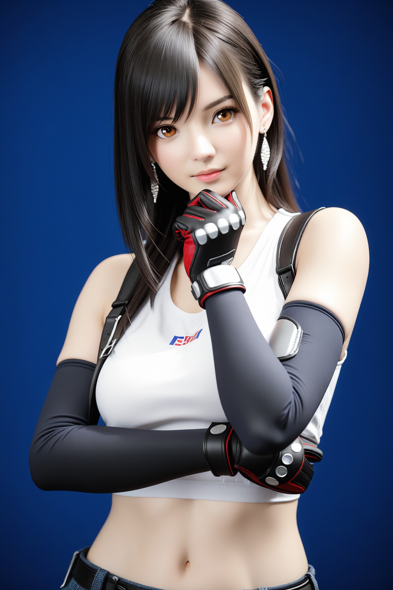 (masterpiece), (best quality),realistic,octane render,3D CG,1girl,tifa lockhart,solo,long hair,earrings,black hair,jewelry,suspenders,crop top,breasts,looking at viewer,upper body,brown eyes,bangs,shirt,gloves,elbow gloves,midriff,elbow pads,medium breasts,lips,**** top,blue background,white **** top,artist name,bare shoulders,closed mouth,white shirt,sports bra,sleeveless,