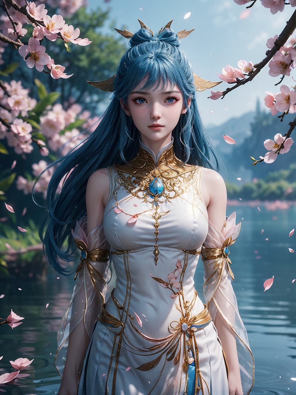 1girl,solo,closed mouth,blue hair,hair rings,(hair ornament),jewelry,detached sleeves,white high collar dress,outdoors,glowing,light particles,sparkle,nature,(water,lake,petals on liquid),(peach blossom:1.2,falling petals:1.3),fantasy,blue background,((upper body)),from below,<lora:lora:0.7>,wangdong,
