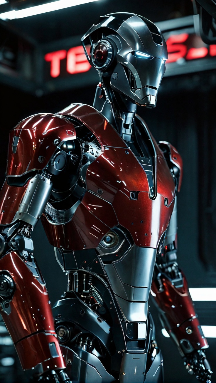Tesla's High-tech robot Optimus, futuristic Modern sci-fi with intricate details, cinematic feel Cinematic wide-angle shots, deep field, dynamic tracking Light and Shadow,High contrast, interplay of warm and cool tones,highlighting metallic textures High-tech laboratory, sleek surfaces, cinematic scene setting Strong cinematic vibe, intelligent, innovative Advanced mechanical structure,highly detailed,ultra-high resolutions,32K UHD,best quality,masterpiece,