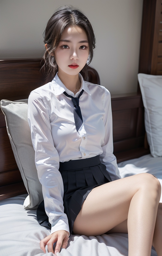 1girl,black pleated skirt,white shirt,necktie,outdoors,hands on wait,white legwear,very sexy,lying on the bed,<lora:腿:0.7,,