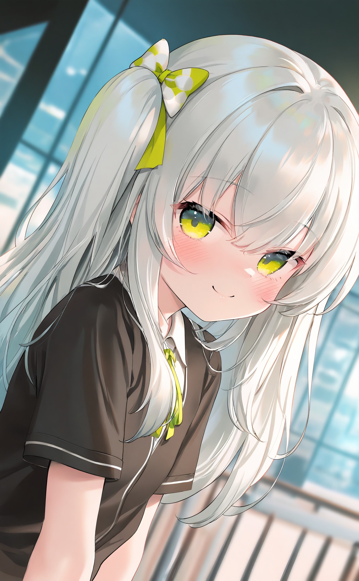 masterpiece,very aware,highres,absurdres,newest,best quality,loli,petite,high quality,chromatic_aberration,cinematic_angle,dutch angle,Light Blue Theme,//,1girl, solo, bow, green_eyes, smile, green_bow, hair_bow, white_bow, closed_mouth, shirt, long_hair, hair_between_eyes, white_shirt, looking_at_viewer, white_hair, black_jacket, short_sleeves, blush, jacket, collared_shirt, upper_body, one_side_up, railing, window, grey_hair//,//,official art,depth of field,detailed light,blurry background,best shadow,shiny skin,cinematic lighting,ray tracing,amazing quality,very aesthetic,absurdres,beast quality,ultra detailed,newest,8K,HDR,//,<lora:guizhencao——【noob】hans:0.88>,