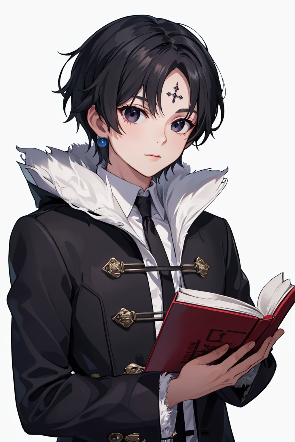 masterpiece,best quality, highly detailed, 1boy,chrollo lucilfer,male focus,solo,upper body,black coat,forehead mark,fur-trimmed coat,long sleeves,closed mouth,fur collar,holding book,looking at viewer,simple background,white background,<lora:chrollo_lucilfer:1>