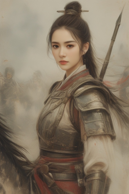 <lora:guohuagirl2-000009:0.8>,HDR,UHD,8K,Highly detailed,best quality,masterpiece,1girl, upper body, horse, riding, armor, horseback riding, army, weapon, looking at viewer, cape, soldier, solo focus, red cape, chinese clothes, black hair, helmet, sword, holding, realistic, topknot, long hair, war, holding weapon, closed mouth, outdoors, lips, polearm, from side, black eyes, shoulder armor