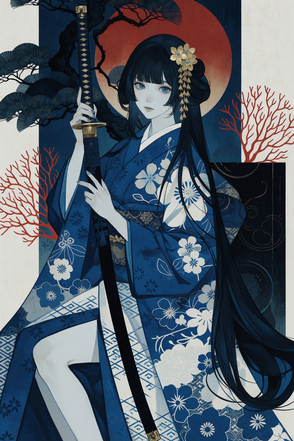 In a straight-on medium-full shot with a prominent cold blue tone,  a pale woman with very long flowing black hair in a hi...