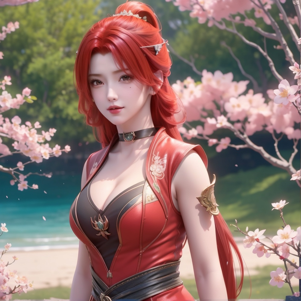 <lora:斗破苍穹-唐火儿:0.8>,red hair,  (,1girl, ,best quality, ),looking at viewer,  ultra detailed background,ultra realistic 8k cg,ultra detailed 8k cg,masterpiece,upper body,  (( , )),, ,science fiction,mole, ultra realistic 8k cg, ,    ,outdoors, sun,sunlight, cherry blossoms,      (cleavage), (),