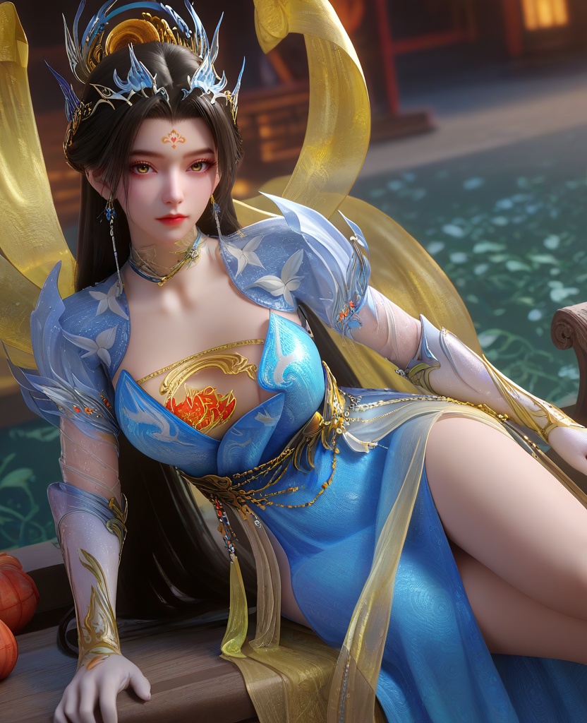 (She sits on a bench, her arms resting on the backrest, looking relaxed.:1.1),looking at viewer,(large breasts:1.2),<lora:XL16云深不知梦炽阳华明蓝色便服:0.95>,miss chiyanghuaming,blue tiered dress,forehead mark,black hair,very long hair,hair ornament,earrings,jewelry,choker,hagoromo,white gloves,yellow sheer bandeau,white overskirt,sash,, score_9,score_8_up,score_7_up,score_6_up,score_5_up,score_4_up,3d rendering,tag1,tag2, Cinematic Lighting,backlighting,