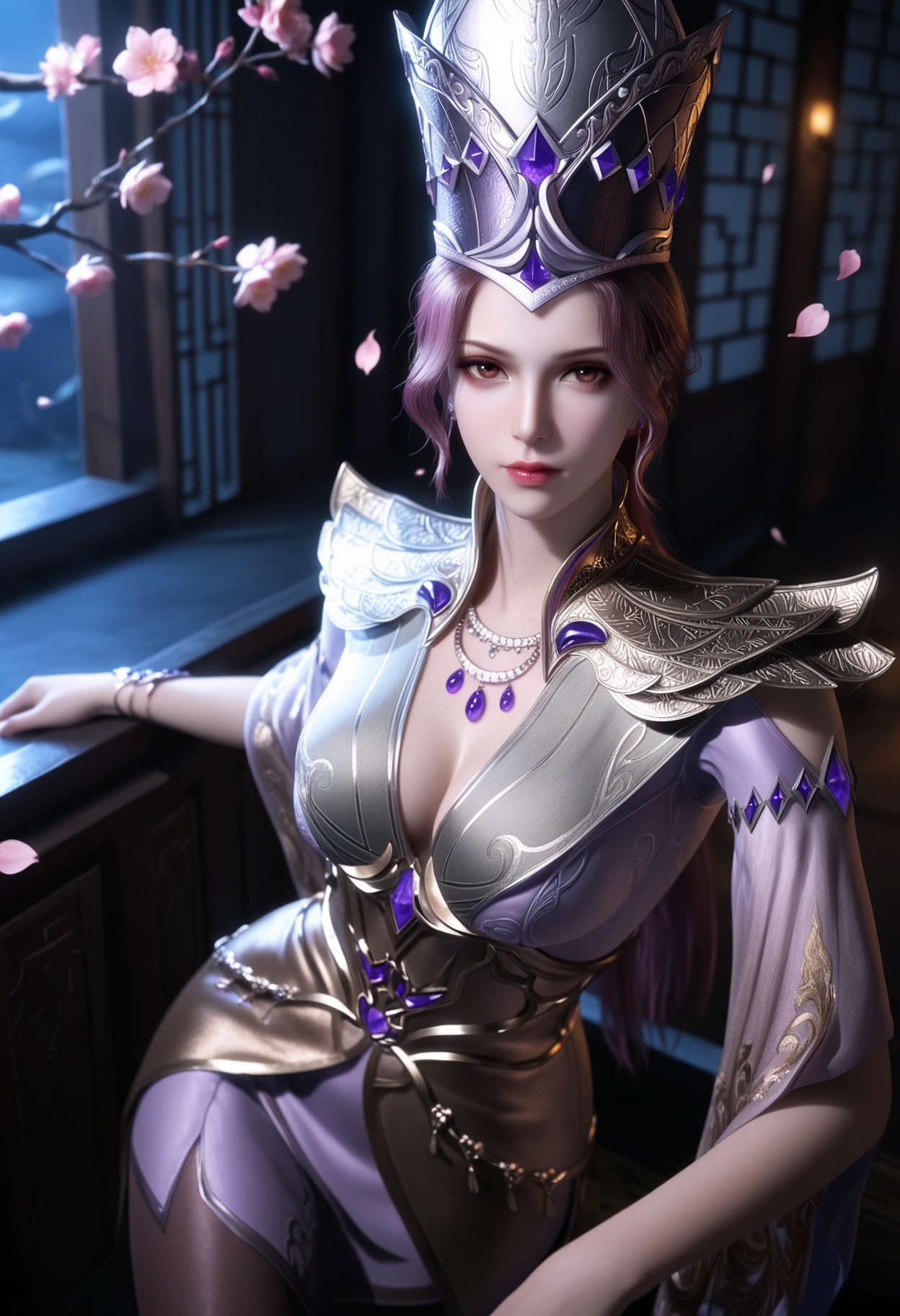 masterpiece,best quality,amazing quality,very aesthetic,high resolution,ultra-detailed,absurdres,scenery,photorealistic,(looking at viewer:1.1),(Dark room:1.3),(moody lighting:1.1),peach blossom,falling petals,(large breasts:0.8),bibidong,1girl,solo,jewelry,gem,armor,brown hair,hat,lips,necklace,brown eyes,earrings,cleavage,crown,long hair,dress,red eyes,makeup,ponytail,short hair,pantyhose,pink hair,purple hair,shoulder armor,long sleeves,high heels BREAK photorealistic details,<lora:QQSillbibidongV1:0.8>,