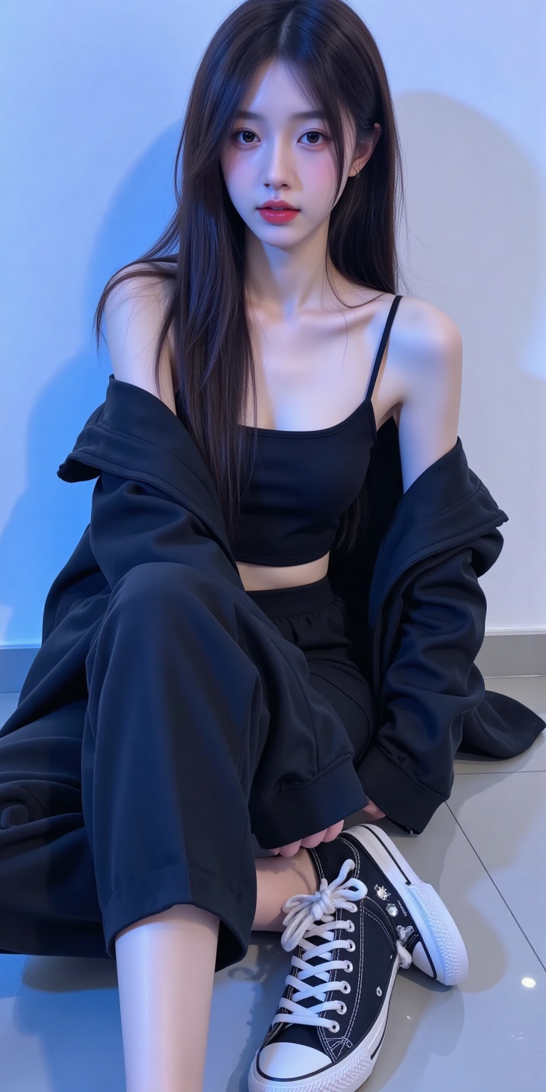 beauty,jk,The image is a high-resolution photograph featuring a young East Asian woman with a slender physique and fair skin. She has straight,dark brown hair that is styled in a messy,slightly tousled manner. Her facial features are delicate,with a small nose,full lips,and expressive eyes that are accentuated with makeup,particularly her bold red lipstick. She is sitting on the floor with her legs bent and her feet flat on the ground,exuding a casual,relaxed posture.,She is dressed in a simple,black spaghetti-strap top that highlights her small to medium-sized breasts. Over her top,she wears a black,oversized blazer that is draped over her shoulders and arms,giving a slightly disheveled look. Her pants are also black,loose-fitting,and slightly baggy,adding to the relaxed vibe.,She is wearing stylish,high-top sneakers that are predominantly black with white accents and silver branding,which contrasts with her otherwise monochromatic outfit. The background is a plain,light-colored wall,likely white or light gray,and the floor appears to be a glossy,reflective surface that mirrors the lighting. The overall ambiance is cool and modern,with a slight blue tint to the lighting,adding a subtle,ethereal quality to the image.,