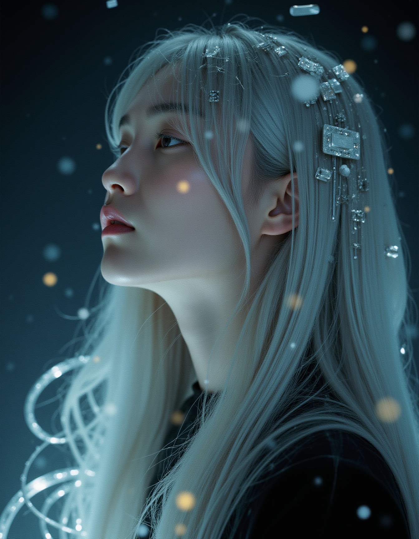 A girl with long,  silver hair cascades around her face,  adding a touch of otherworldly elegance on Tensor.Art