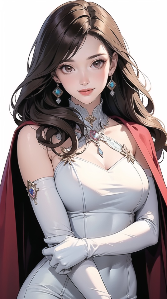 (best quality), ((masterpiece)), (highres), illustration, original, extremely detailed, 1girl, solo, gloves, long hair, elbow gloves, brown eyes, dress, looking at viewer, jewelry, smile, earrings, transparent background, brown hair, hair ornament, white gloves, cape, simple background, white background