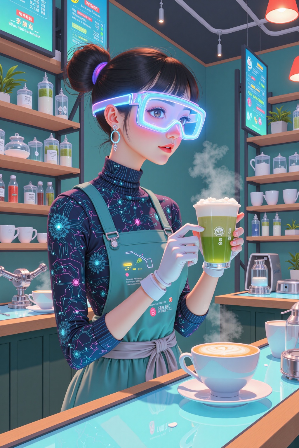 beijihui,Cyberpunk-inspired café scene featuring a barista girl with augmented reality glasses,steaming matcha latte in hand. Her outfit combines a traditional indigo-dyed apron with glowing circuit-printed turtleneck,hair styled in holographic space buns. Behind the counter,floating hologram menus display drink constellations while robotic arms polish porcelain cups. Cold teal lighting contrasts with warm wooden accents,every bubble in the latte foam rendered with microscopic detail.",