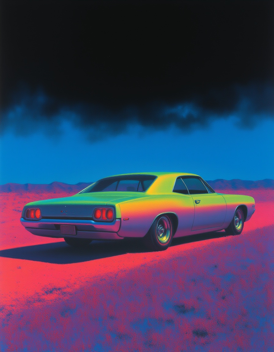 <lora:迷幻8:0.8>,a car is shown in a multicolored image with a black background and a blue sky in the background,Ed Paschke,path tracing,an ultrafine detailed painting,american scene painting,