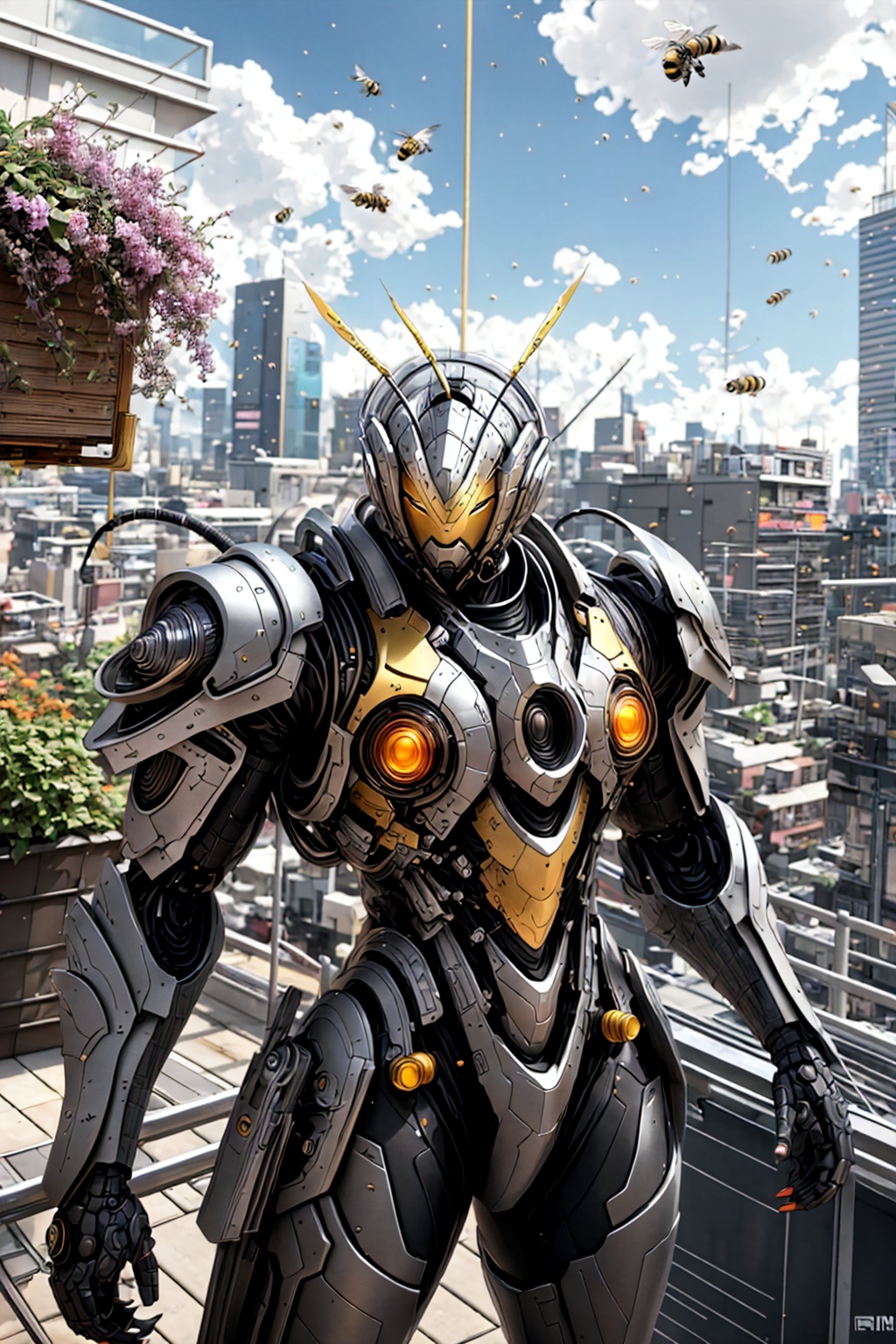 Medium shot 8k anime illustration,  ,  Rooftop beehives in Urban Gardens with busy activity on Tensor.Art