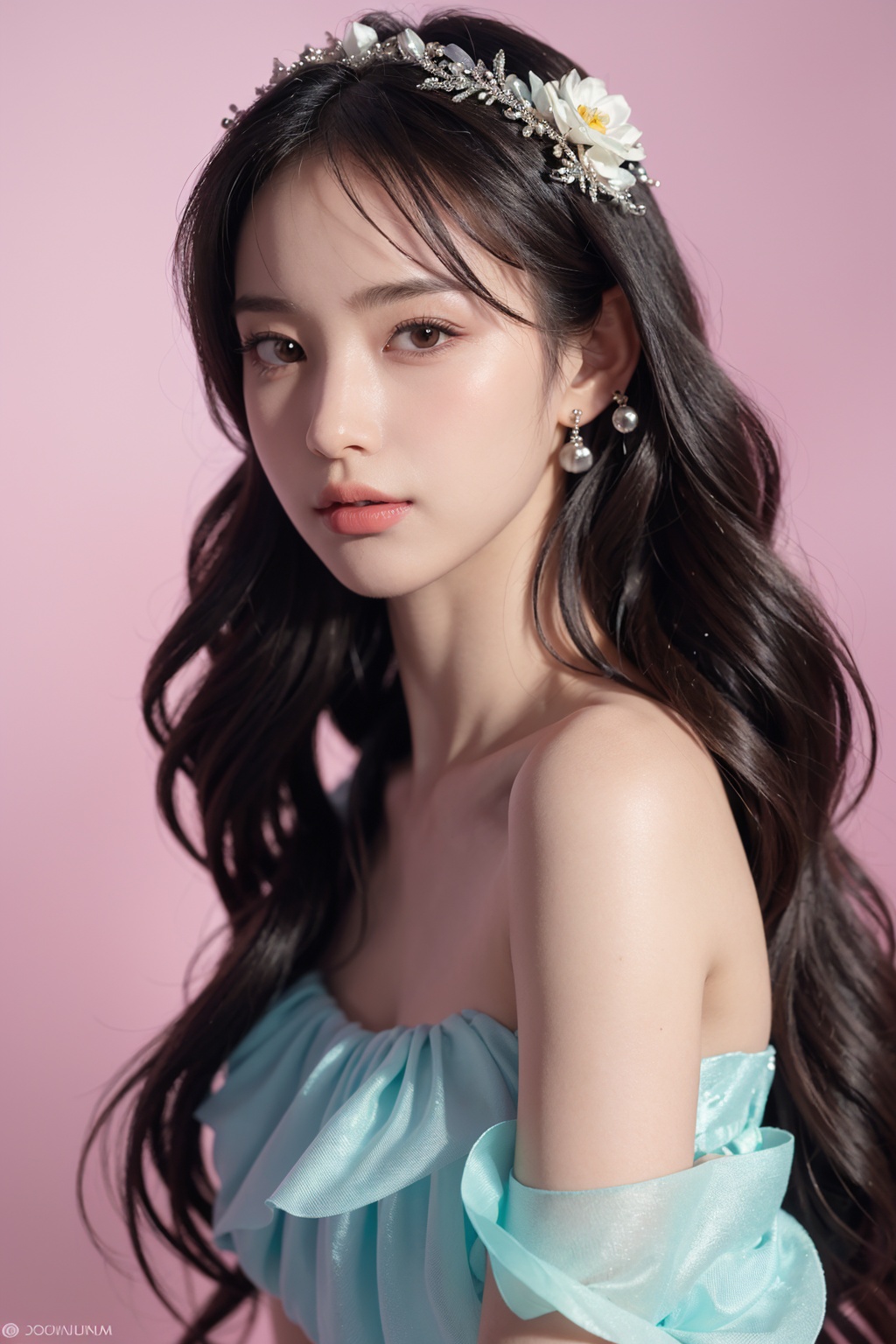 1girl, solo,(front view:1.2),(looking_at_viewer:1.4),(eye-contact:1.4),,black hair, long hair, jewelry, realistic, earrings, hair ornament, black eyes, lips, collarbone, parted lips, flower, watermark, upper body, portrait, hair flower, dress, web address,  <lora:YG红颜阁美女19:0.85>,