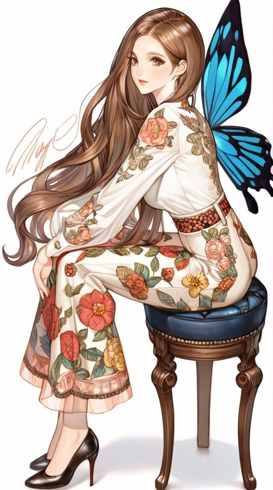 (best quality), ((masterpiece)), (highres), illustration, original, extremely detailed, <lora:NO Name Art:0.7>1girl, solo, butterfly, long hair, bug, flower, sitting, high heels, white background, brown hair, long sleeves, stool, floral print, pants, brown eyes, chair, signature, simple background