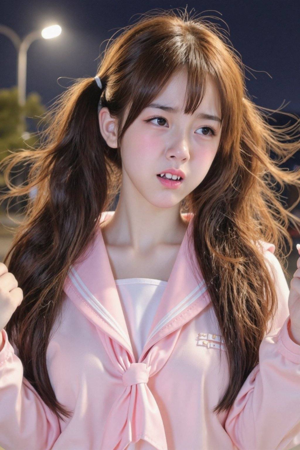 一位长发及腰、模样似洋娃娃般可爱的女生,  采用超广角,  体现动态美学 on Tensor.Art