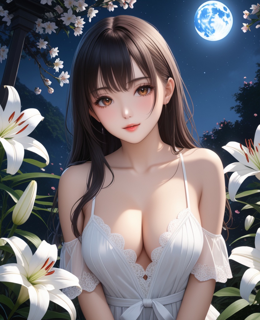 (,1girl, ,best quality, ),looking at viewer,  ,ultra detailed background,ultra detailed background,ultra realistic 8k cg, , ,masterpiece, (( , )),, ultra realistic 8k cg, ,      ,lily \(flower\) ,full moon ,strawberry blossoms      (cleavage), (),