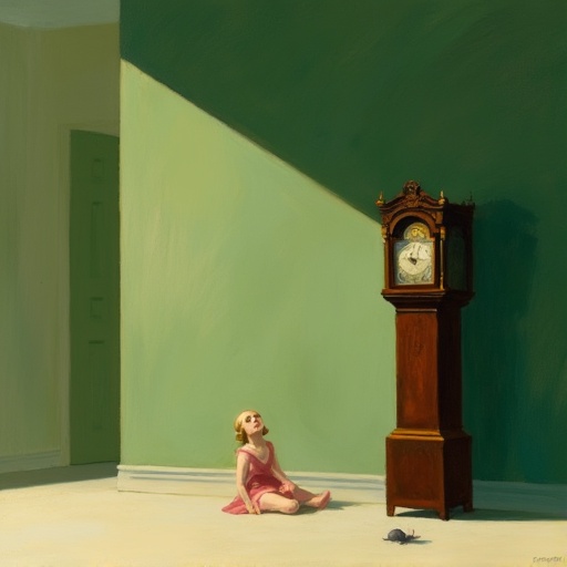 An EdwardH0pp3r style painting of a little girl in a pink dress,  sitting on the floor in the middle of an empty room,  sh...